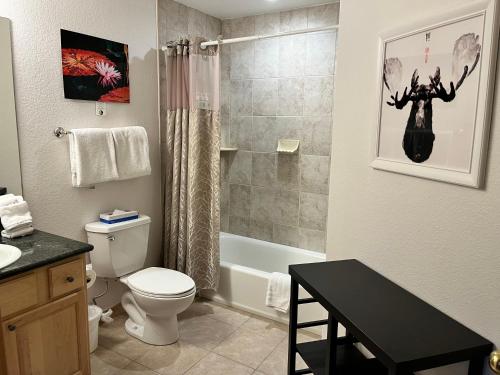 y baño con aseo, ducha y lavamanos. en NEW! Ski-In Ski-Out Breck Condo Amenities Parking 1BR sleeps 4 en Breckenridge