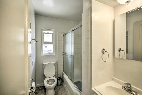 a bathroom with a toilet and a sink and a shower at Bay Area Apt about 3 Mi to Downtown Mountain View in Mountain View