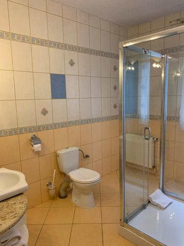 a bathroom with a toilet and a glass shower at Diament i Brylant in Rawicz