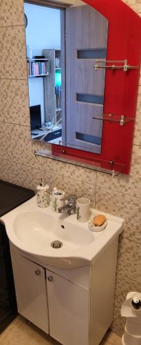a bathroom with a sink and a mirror at Self check-in Studio 22 Bulevardul Oltenia in Craiova
