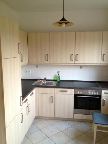 a kitchen with white cabinets and a sink at Bennstedt 1 in Salzatal