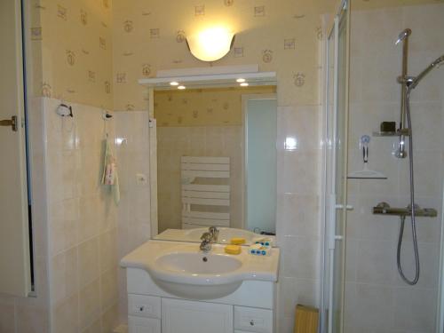 La salle de bains est pourvue d'un lavabo et d'une douche. dans l'établissement Appartement Les Sables-d'Olonne, 1 pièce, 4 personnes - FR-1-92-915, à Les Sables-dʼOlonne