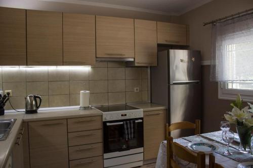 a kitchen with a stove and a refrigerator and a table at Apartments to nature A in Ámmos