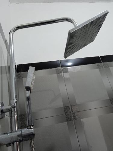 a glass shower door with a shower head at Filomena Lodge in Ende