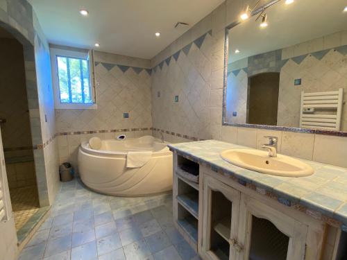 a bathroom with a tub and a sink and a mirror at Le Cyprès de Casimir in Beaucaire