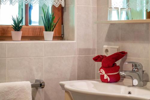 a red teddy bear sitting on top of a sink at Apartment Birke- Fiechterhof in Sarntal