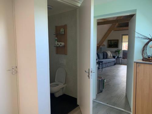 een badkamer met een toilet en een woonkamer bij Bed en Boomgaard in Giethoorn