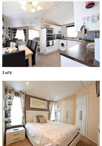 a bedroom and a kitchen with a bed and a dining room at The Meridan Lodge - Close to beach - Swimming Pool & Amusements in Clacton-on-Sea