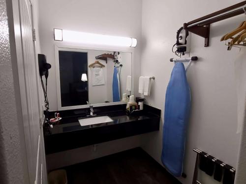 a bathroom with a sink and a mirror at Super 8 by Wyndham Forney/East Dallas in Forney