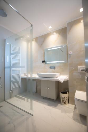 a bathroom with a sink and a glass shower at Vila Mariss in Korçë