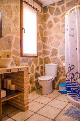 a stone bathroom with a toilet and a sink at Casas Rurales Alhambra - Lagunas de Ruidera - ESPECIAL GRUPOS in Alhambra