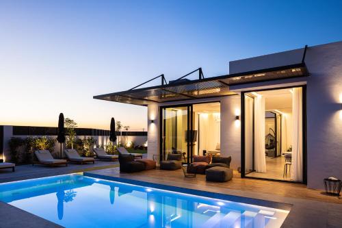 a house with a swimming pool in front of it at Physis Villas - Metal & Wood in Pigi