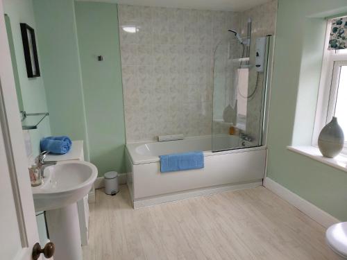 ein Bad mit einer Badewanne, einem Waschbecken und einer Dusche in der Unterkunft Railway Cottage in Conwy