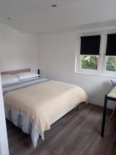 een witte slaapkamer met een bed en 2 ramen bij Chalet climatisé et chauffé a Faverges de la Tour in Faverges-de-la-Tour