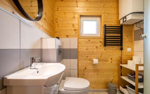 La salle de bains est pourvue d'un lavabo et de toilettes. dans l'établissement Domki u Iwony, à Kudowa-Zdrój