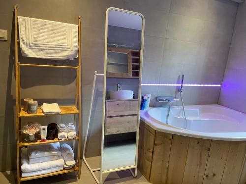 ein Badezimmer mit einer Badewanne und einem großen Spiegel in der Unterkunft B&B Monroe in Averbode