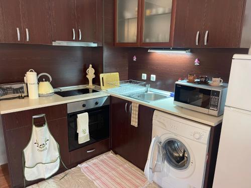 a kitchen with a washing machine and a microwave at PANTELI APART HOUSE in Aheloy