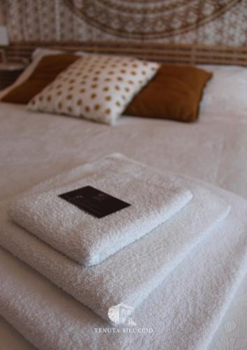 a white towel sitting on top of a bed at TENUTA BILUCCIO B & B in Roccadaspide