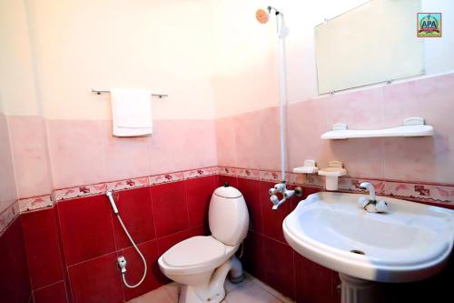 a bathroom with a white toilet and a sink at Royal INN Guest House in Lahore
