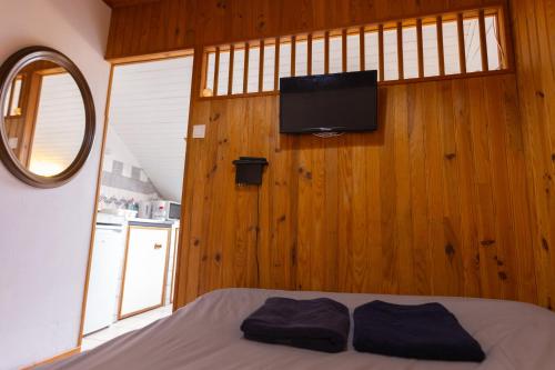 a bedroom with a bed and a tv on a wall at Studio cosy au cœur de Jaurès in Belfort