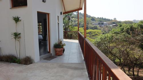 un balcón de una casa con macetas. en Nkutu River Lodge, en Kloof