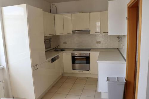 uma cozinha branca com armários brancos e um lavatório em Apartment Hurka - 15 min do centra, garaz em Praga