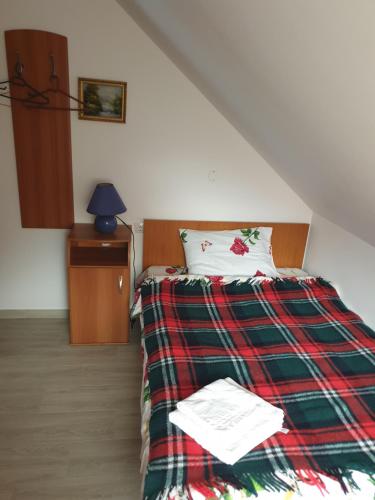 a bedroom with a bed with a plaid blanket at Casa Maia in Cîrţişoara