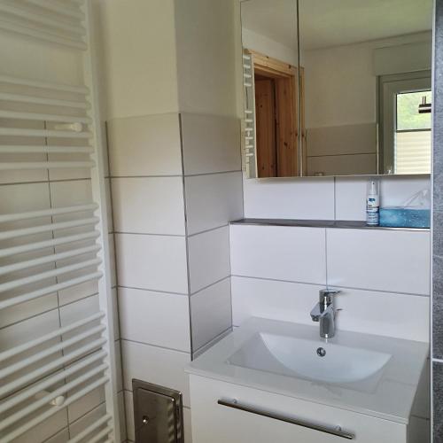 een witte badkamer met een wastafel en een spiegel bij Ferienhaus Willkommen in Bad Schandau