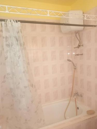 uma casa de banho com um chuveiro e uma banheira em Cheerful and spacious 1-bedroom house em Kumasi