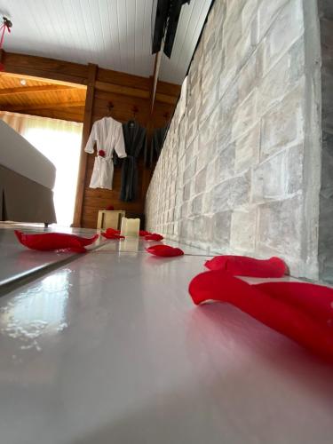 a room with red rubber mitts on the floor at Cabana Amor Perfeito in Barracão