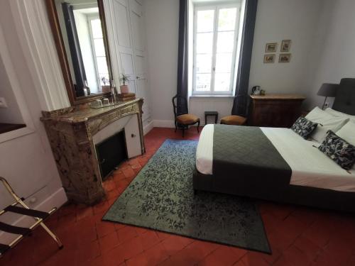 um quarto com uma cama, uma lareira e um espelho em Maison De l'Aguze em Saint-Pons