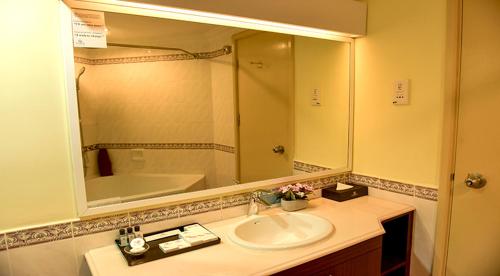 a bathroom with a sink and a large mirror at D'Vista Residenz in Lotus Desaru Beach Resort in Desaru