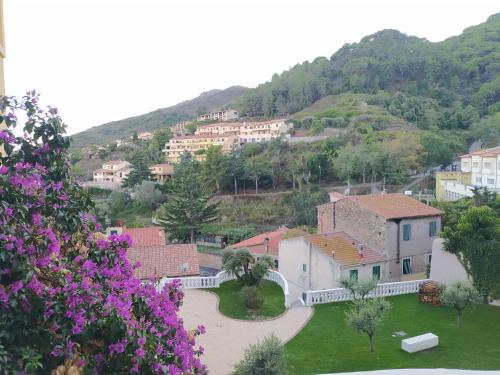 un pueblo en una colina con flores púrpuras en Casa Alice en Rio nellʼElba