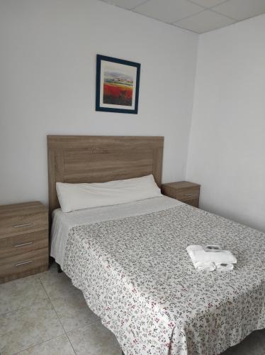 a bedroom with a bed with a blanket and two night stands at Hostal Fantoni in Cádiz
