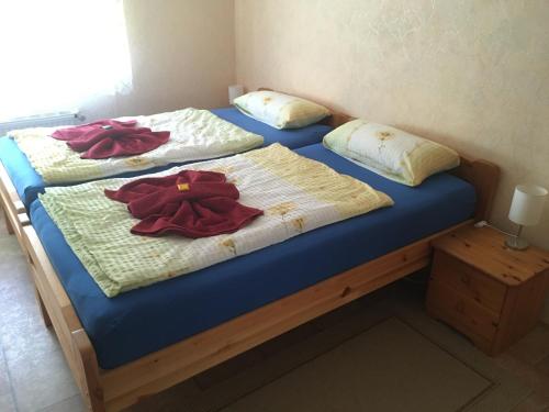 two twin beds with red flowers on them at Ferienwohnung Pölkentor in Quedlinburg