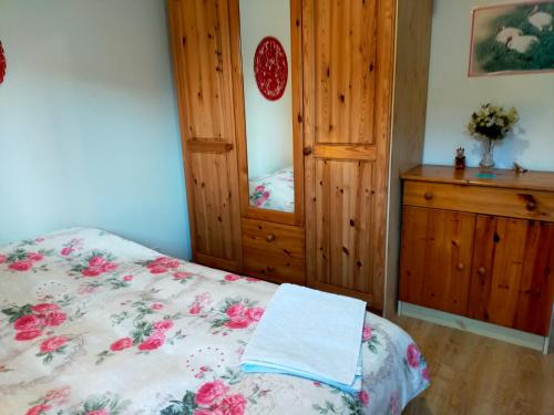 a bedroom with a bed with a dresser and a mirror at a nice room in Annemasse