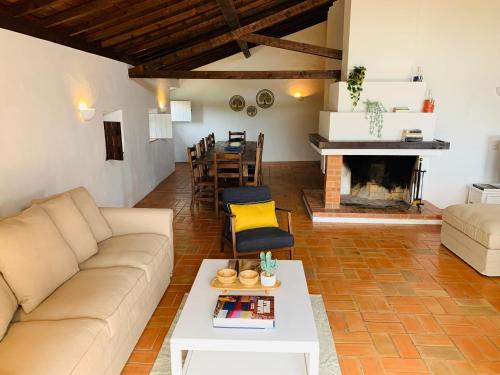 a living room with a couch and a fireplace at RIVERSIDE RANCH by Nature Bliss in Vila Nova de Milfontes