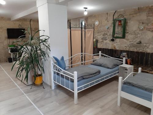 ein Schlafzimmer mit einem Bett und einer Pflanze in einem Zimmer in der Unterkunft Poza Czasem in Bystrzyca Kłodzka