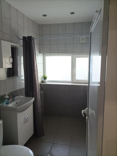 baño con ducha, lavabo y ventana en Apartment Starfish en Varna