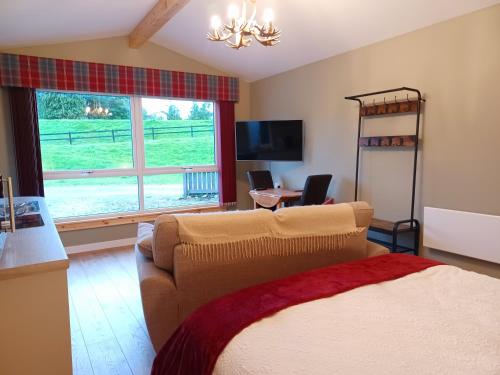 a bedroom with a bed and a couch and a window at Erraid Lodge in Fort Augustus