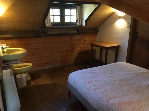 ein Schlafzimmer mit einem Bett, einem Waschbecken und einem WC in der Unterkunft Les mésanges in Rochefort