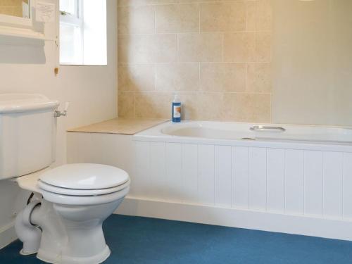 a bathroom with a white toilet and a bath tub at Apple Tree Cottage in Foulsham