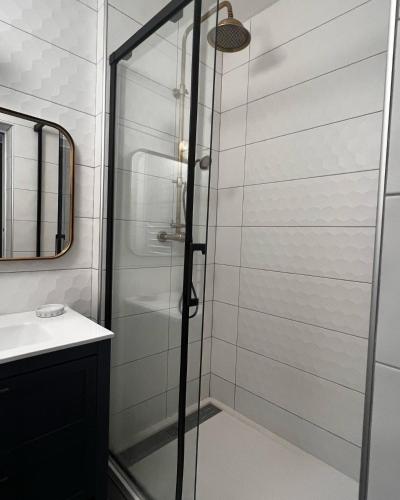 a shower with a glass door in a bathroom at Epernay, appartement champagne Art et Déco in Épernay