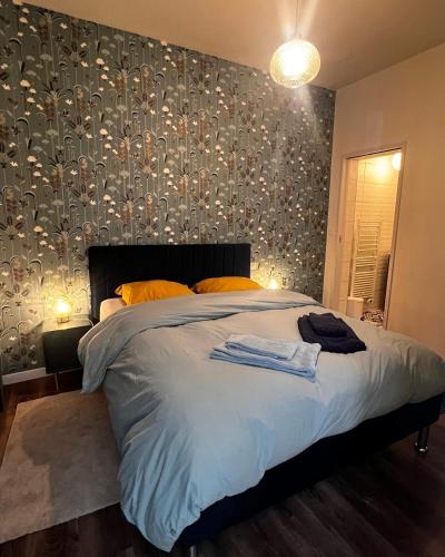 a bedroom with a large bed with a wall at Epernay, appartement champagne et art déco in Épernay