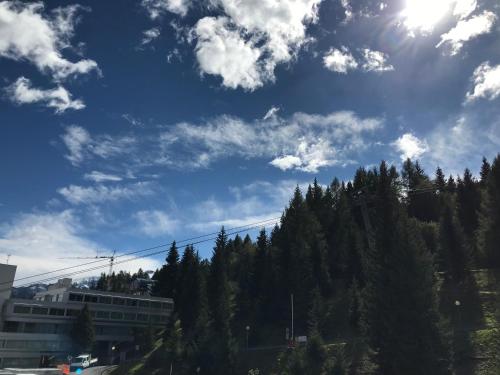 a blue sky with clouds and trees on a hill at La Casa Shabby in Marilleva