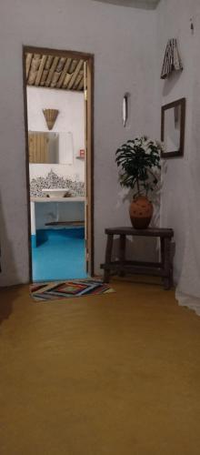 una puerta a una habitación con una maceta en una mesa en Villa Sowilo, en Trancoso