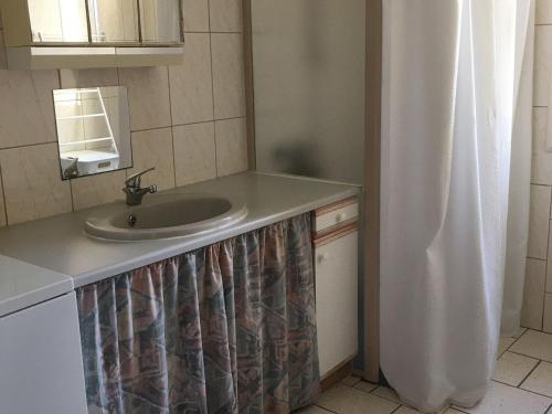 a bathroom with a sink and a shower curtain at Gîte Sionviller, 3 pièces, 4 personnes - FR-1-584-38 