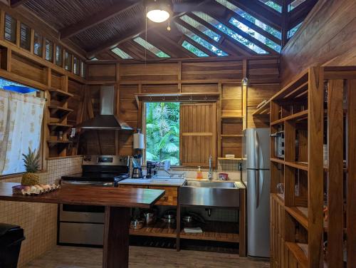 a kitchen with wooden walls and a wooden ceiling at Casita Bribri at Margarita Hills in Cocles
