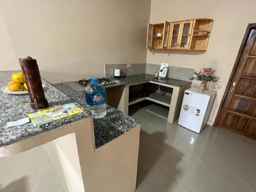 a kitchen with a counter top and a refrigerator at House in Puerto Villamil