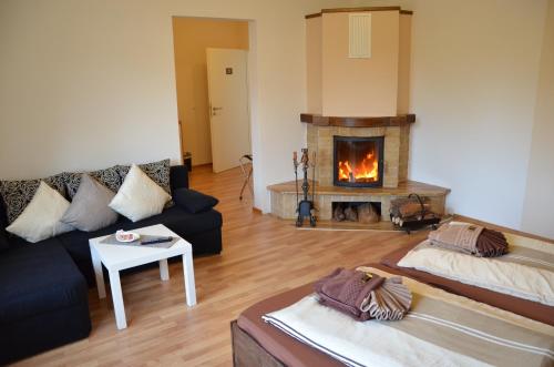 a living room with a couch and a fireplace at Pension Laabs in Schönefeld